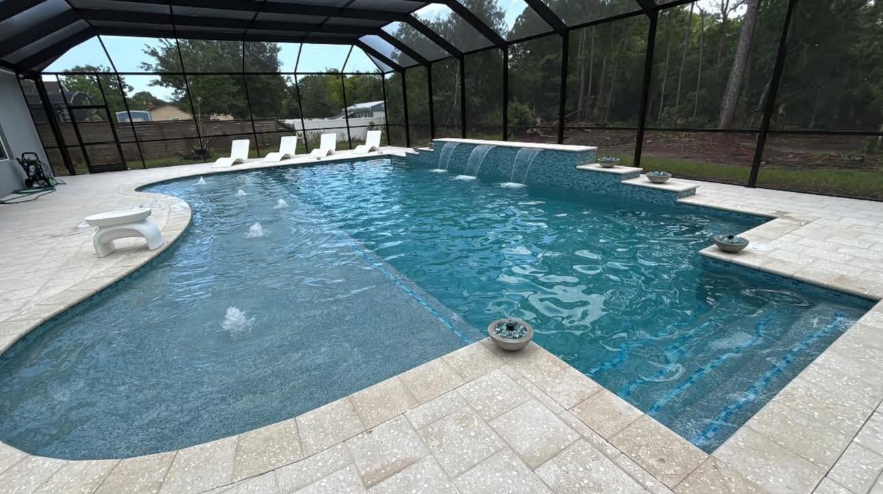 Screened swimming pool pictured on Loggins Pools’ Facebook page